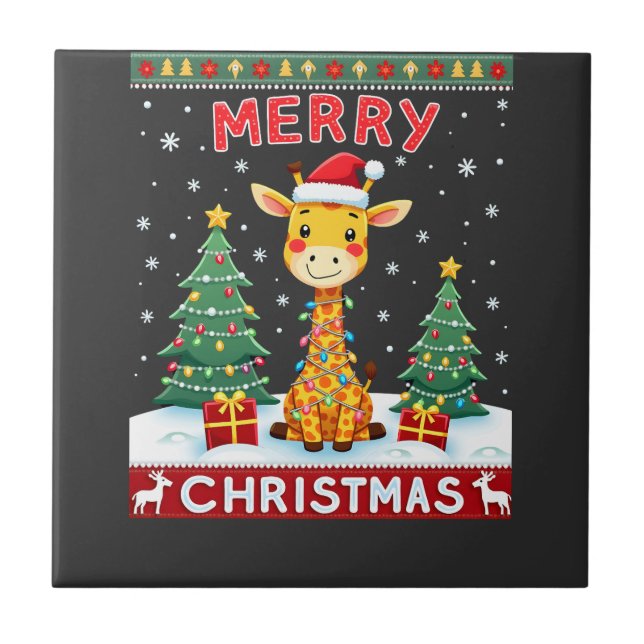 Giraffe Ugly Christmas Sweaters Funny Santa Hat Li Tile (Front)