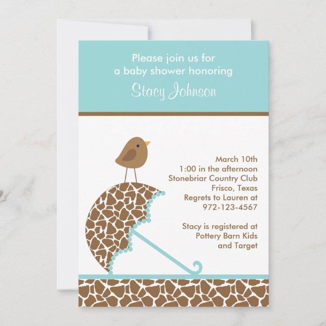 Giraffe Umbrella Baby Shower Invites (Teal) (Front)