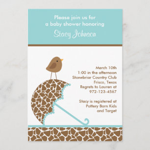 Giraffe Umbrella Baby Shower Invites (Teal)