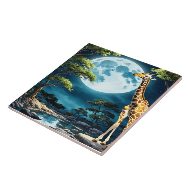 Giraffe Under Full Moonlight in Tranquil Landscape Tile (Side)