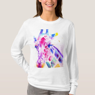 Giraffe Watercolor Art Purple Cute Zoo Animal T-Shirt