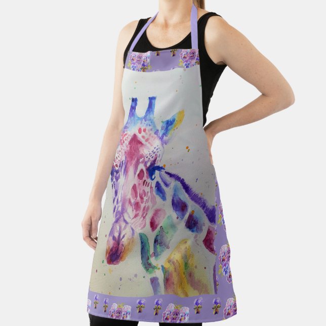Giraffe Watercolor Cute Purple Floral Animal Apron (Insitu)