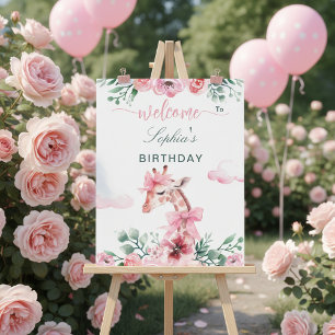 Giraffe Watercolor Floral Pink Ribbon Girl Poster