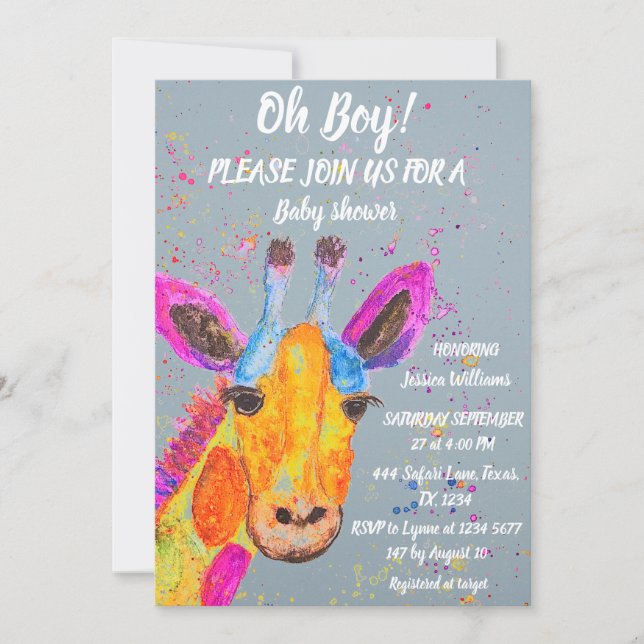Giraffe Watercolor Safari Jungle Cute Baby Shower  Invitation (Front)