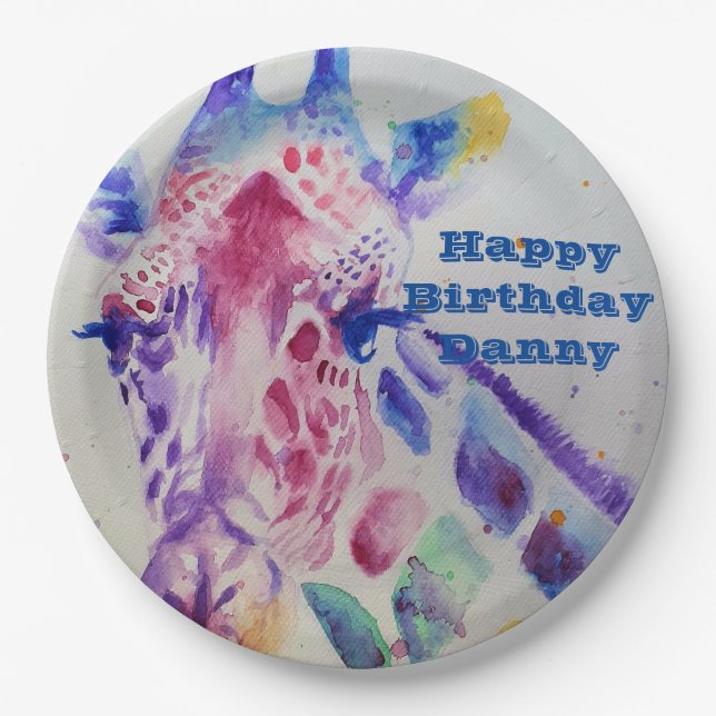 Giraffe Watercolour boy Birthday Party Paper Plate (Front)