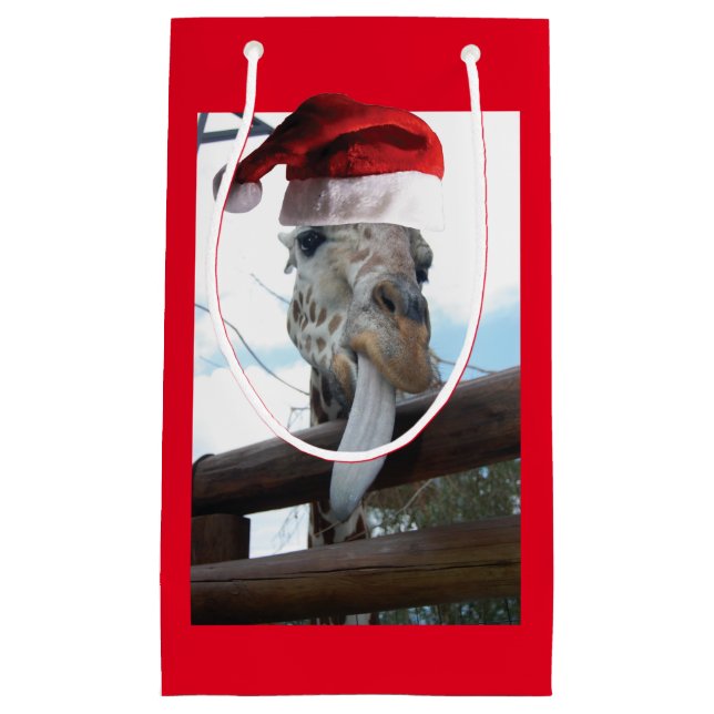 Giraffe wearing a Santa Claus Hat Small Gift Bag (Front)