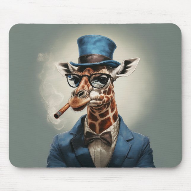 Giraffe wearing a top hat smoking a cigar mouse pad (Front)