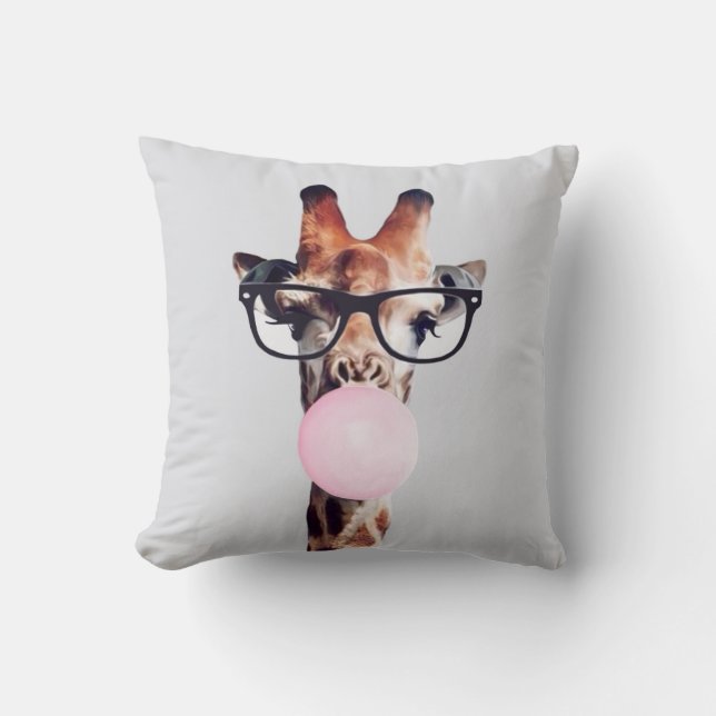 GIRAFFE WEARING GLASSES BLOWING A PINK BUBBLE GUM CUSHION (Front)