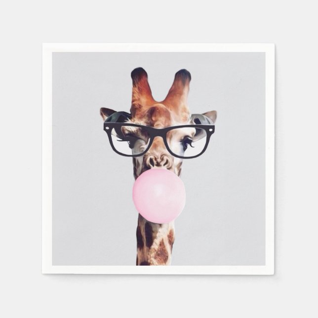 Giraffe wearing glasses blowing a pink bubble gum napkin (Front)