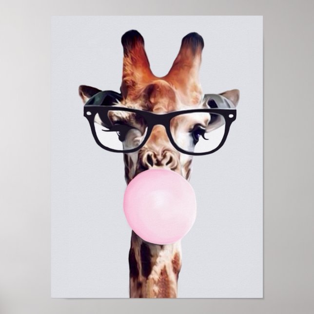 GIRAFFE WEARING GLASSES BLOWING A PINK BUBBLE GUM POSTER (Front)