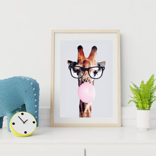 GIRAFFE WEARING GLASSES BLOWING A PINK BUBBLE GUM POSTER