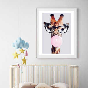GIRAFFE WEARING GLASSES BLOWING A PINK BUBBLE GUM POSTER