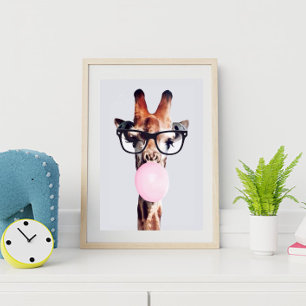 GIRAFFE WEARING GLASSES BLOWING A PINK BUBBLE GUM  POSTER