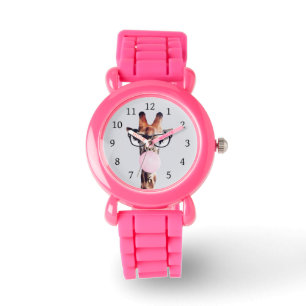 Giraffe wearing glasses blowing a pink bubble gum watch