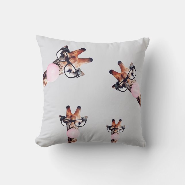 GIRAFFE WEARING GLASSES BLOWING A PINK BUBBLEGUM CUSHION (Front)