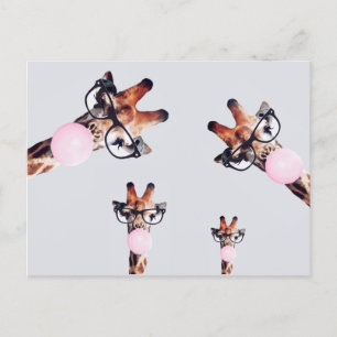 GIRAFFE WEARING GLASSES BLOWING A PINK BUBBLEGUM INVITATION POSTCARD