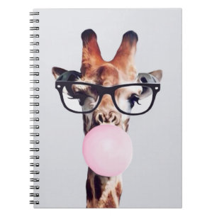 GIRAFFE WEARING GLASSES BLOWING A PINK BUBBLEGUM NOTEBOOK
