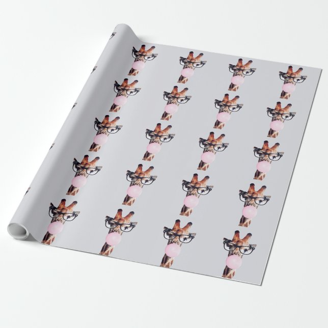 GIRAFFE WEARING GLASSES BLOWING A PINK BUBBLEGUM WRAPPING PAPER (Unrolled)