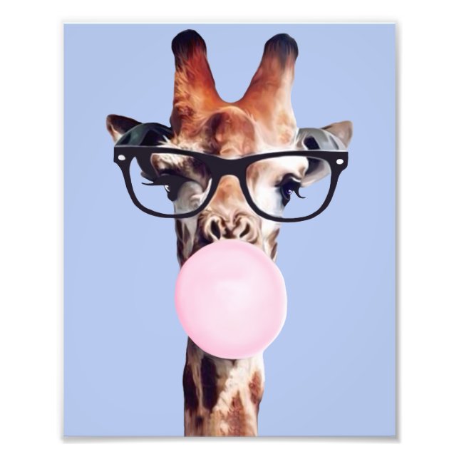 Giraffe wearing glasses blowing bubble gum photo print (Front)