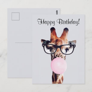 Giraffe Wearing Glasses Blowing gum Happy Birthday Postcard