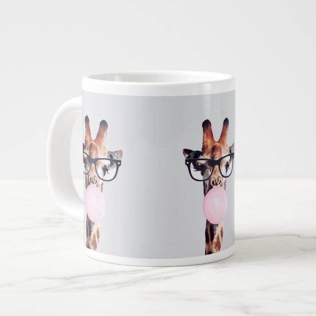 Giraffe wearing glasses blowing pink bubble gum large coffee mug (Front Left)