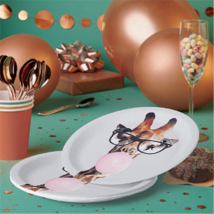 Giraffe Wearing Glasses Blowing Pink Bubble gum Paper Plate
