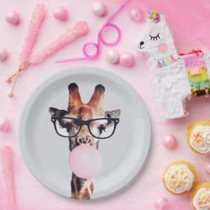 Giraffe Wearing Glasses Blowing Pink Bubble gum   Paper Plate