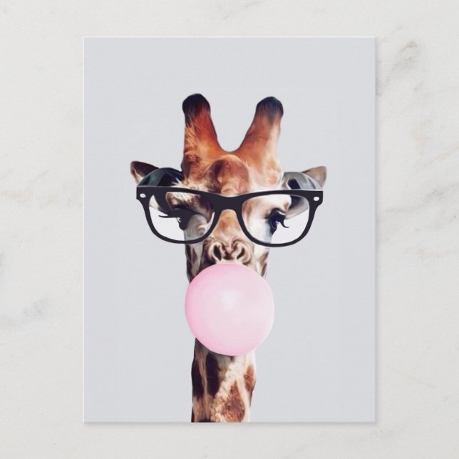 Giraffe Wearing Glasses Blowing Pink Bubble gum Postcard (Front)