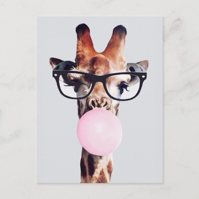 Giraffe Wearing Glasses Blowing Pink Bubble gum Postcard (Front)