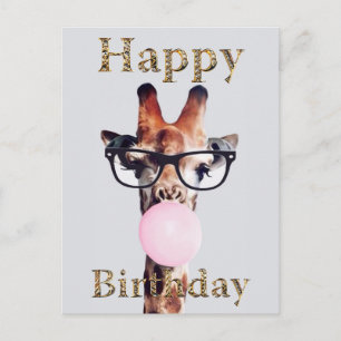 Giraffe Wearing Glasses Blowing Pink Bubble gum Postcard