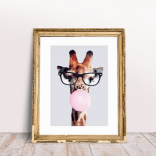 Giraffe Wearing Glasses Blowing Pink Bubble gum Poster