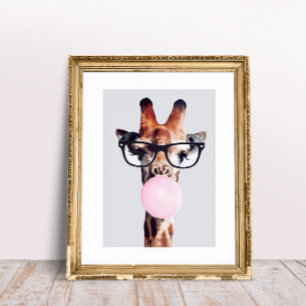 Giraffe wearing glasses blowing pink bubble gum poster