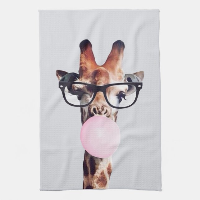 Giraffe Wearing Glasses Blowing Pink Bubble gum Tea Towel (Vertical)