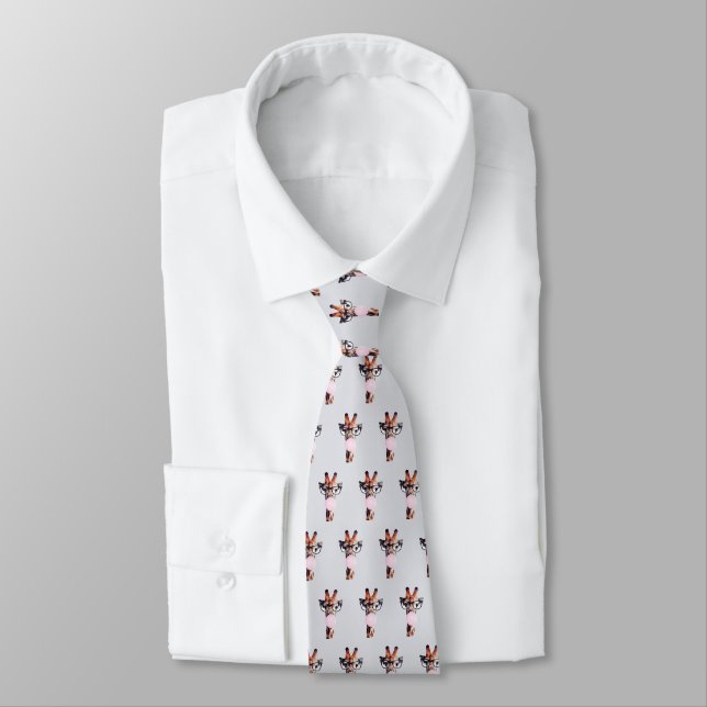 Giraffe wearing glasses blowing pink bubble gum tie (Tied)