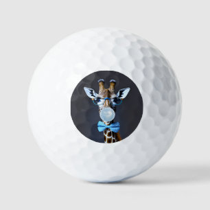 Giraffe wearing glasses, bow tie blowing blue gum golf balls