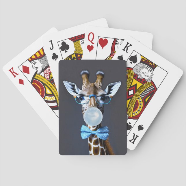 Giraffe wearing glasses, bow tie blowing blue gum playing cards (Back)