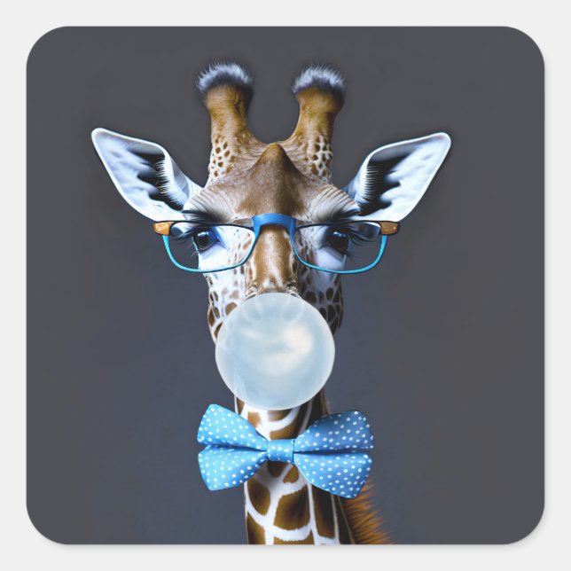 Giraffe wearing glasses, bow tie blowing blue gum square sticker (Front)