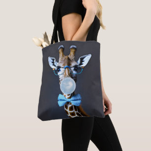 Giraffe wearing glasses, bow tie blowing blue gum tote bag