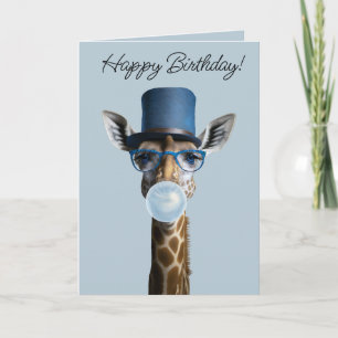 Giraffe wearing glasses, top hat and blue gum card