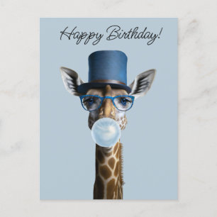 Giraffe wearing glasses, top hat and blue gum postcard