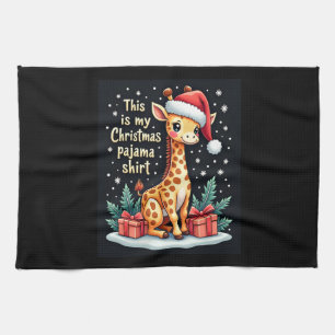 Giraffe Wearing Santa Hat Matching Christmas Pajam Tea Towel