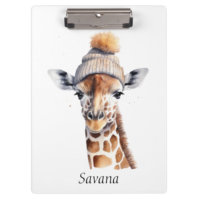 Giraffe wearing winter hat customisable  clipboard (Front)