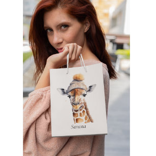 Giraffe wearing winter hat customisable  medium gift bag