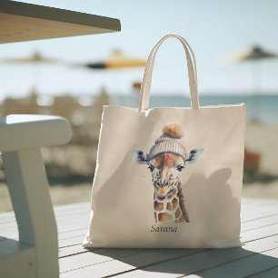 Giraffe wearing winter hat customisable Poster Tote Bag