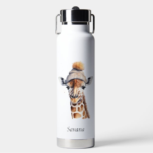 Giraffe wearing winter hat customisable  water bottle (Front)