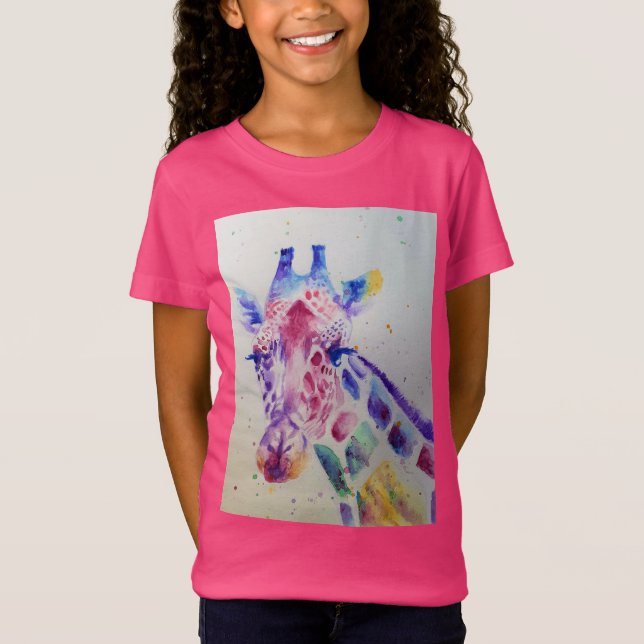 Giraffe Whimsical Watercolor Pink Girls T Shirt (Front)