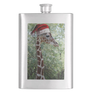 Giraffe with a Santa Claus Hat on Hip Flask