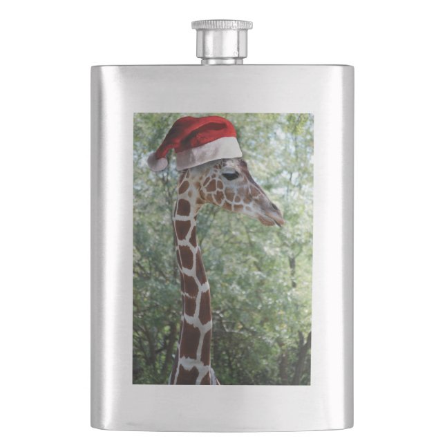 Giraffe with a Santa Claus Hat on Hip Flask (Front)