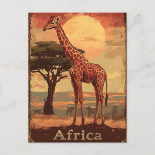 Giraffe with African Sunset -Vintage Travel Poster Postcard