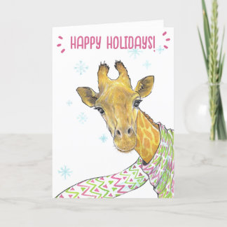 Giraffe with Christmas scarf Cute fun Animal art Holiday Card